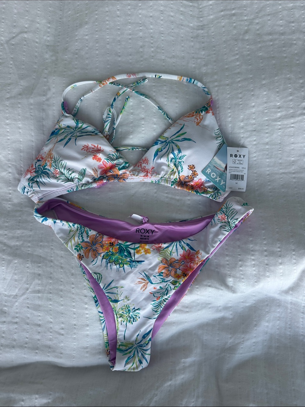 Roxy White Floral Bikini with Purple Trim